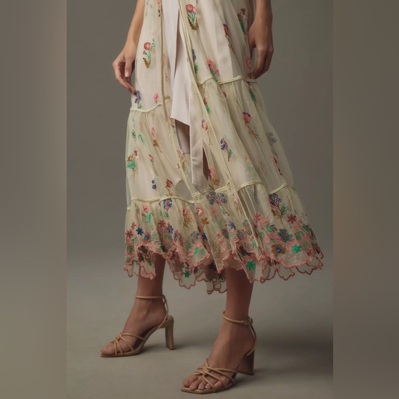 Anthropologie NWT BL^NK Sheer Embroidered Overlay Duster Cream Tan Pink One Size - Picture 3 of 14